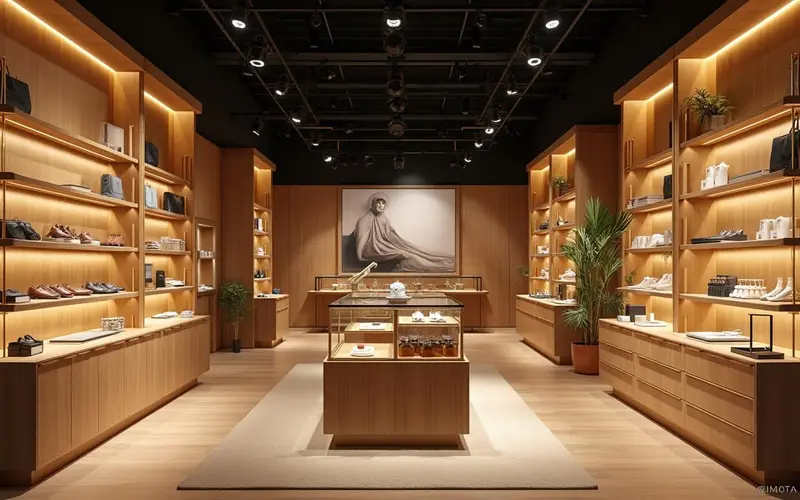 Stand comercial tipo showroom premium en madera de roble con iluminación LED cálida y zona de demostración
