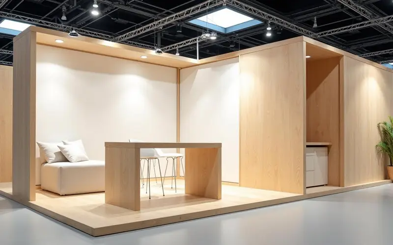 Stand modular en madera de abedul reutilizable, diseño escandinavo minimalista para feria B2B
