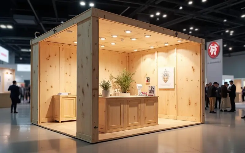 Stand portátil en madera de pino ligera con paneles tensados, formato compacto y elegante